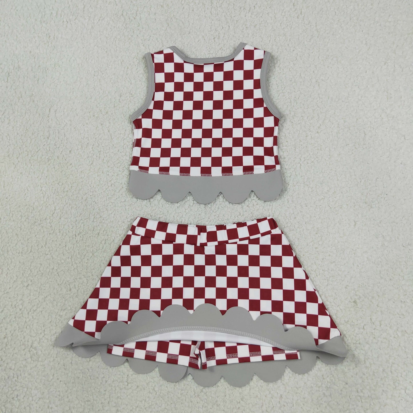 GSD4284 Mascot School Team Plaid Gray Bows Scallop Edge Yoga Girls Skorts Set