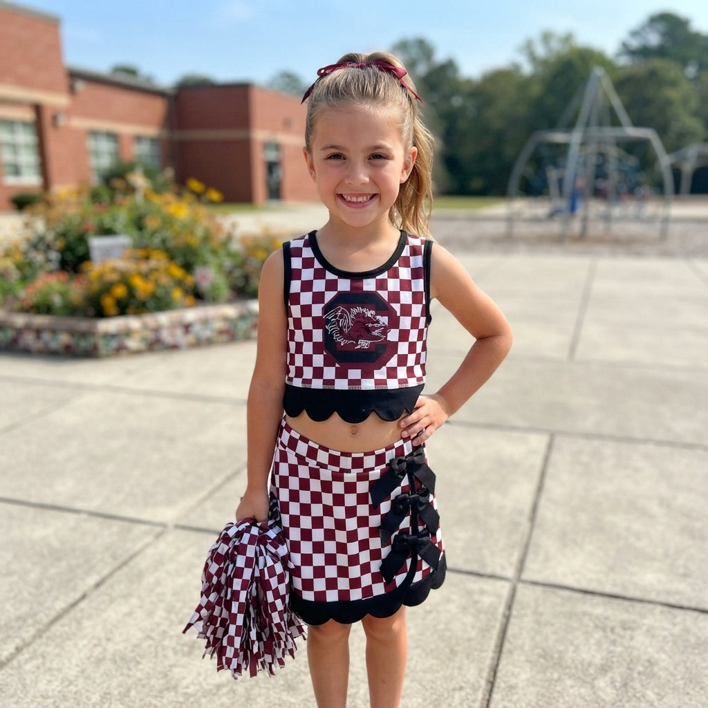 GSD4288 Mascot School Team Plaid Black Bows Scallop Edge Yoga Girls Skorts Set