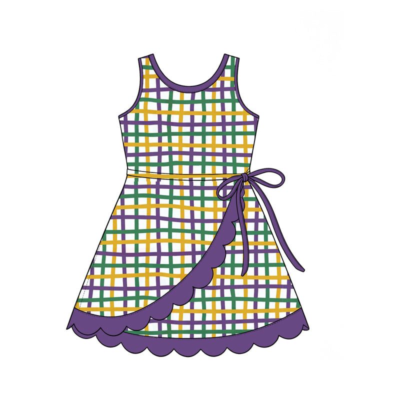 Preorder MOQ 5 pcs GSD4333 Mardi Gras Plaid Purple Scallop Edge Yoga Girl's Dress