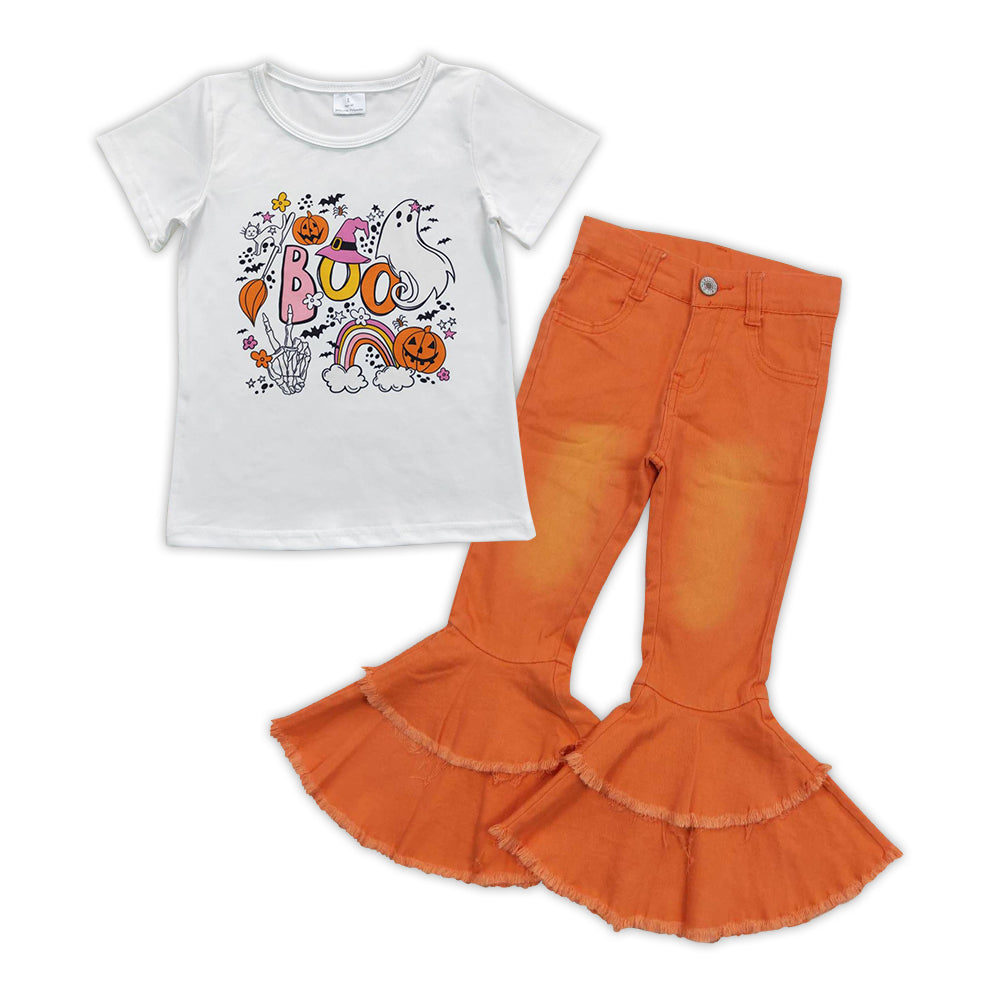 Halloween Boo Pumpkin Print Baby Shirt Orange Bell Pants Jeans