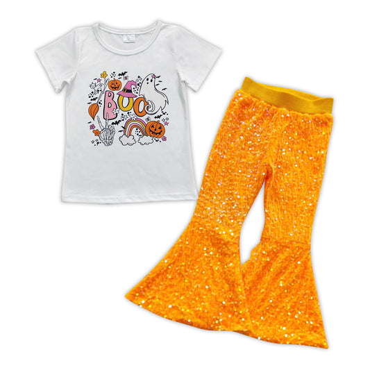 Halloween Boo Pumpkin Print Baby Shirt Orange Sequin Bell Pants