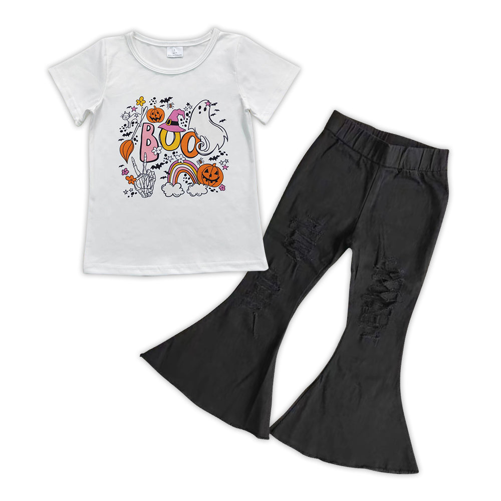Halloween Boo Pumpkin Print Baby Shirt Black Bell Pants Jeans