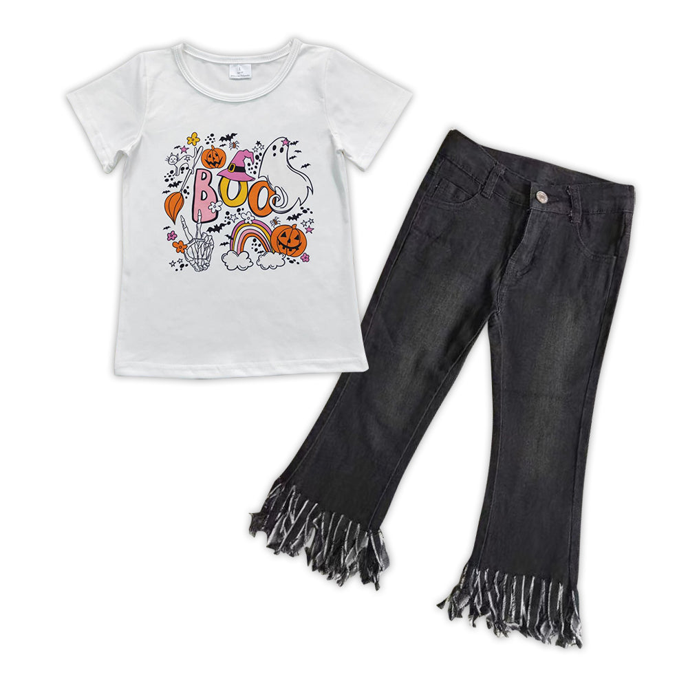 Halloween Boo Pumpkin Print Baby Shirt Black leggings Pants Jeans