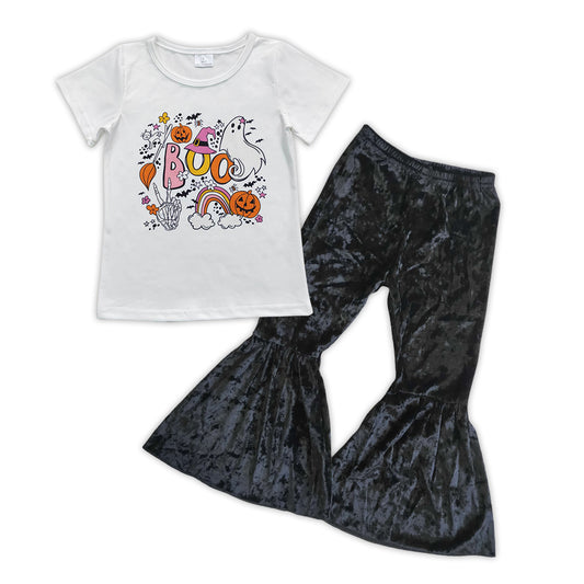 Halloween Boo Pumpkin black velvet Girls Set