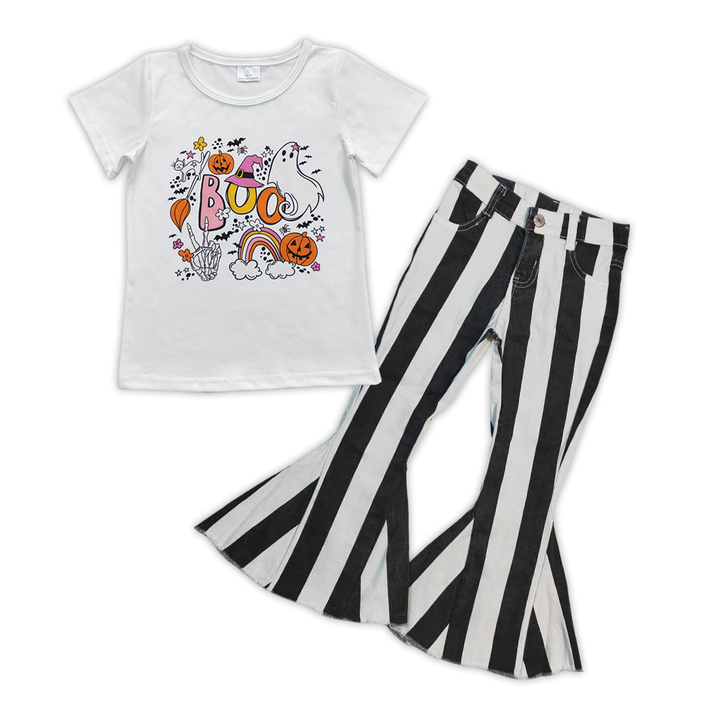 Halloween Boo Pumpkin Print Baby Shirt Black Stripe Bell Pants Jeans