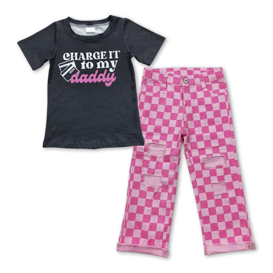 Black Letter Shirt + Pink Plaid Jeans