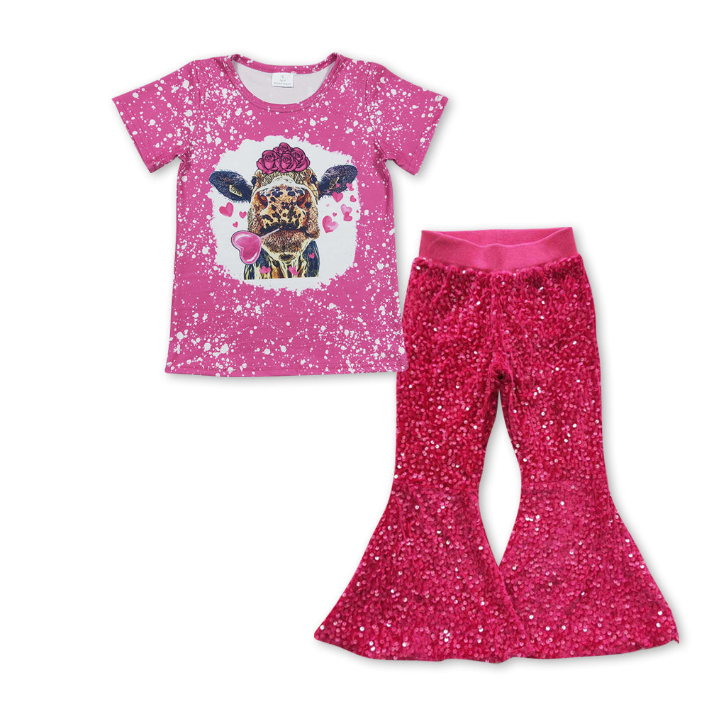 Pink Highlandcow Cartoon Baby Shirt Purple Sequin Bell Pants