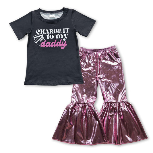 Black Letter Print Shirt+ Pink Bell Pants girl outfits