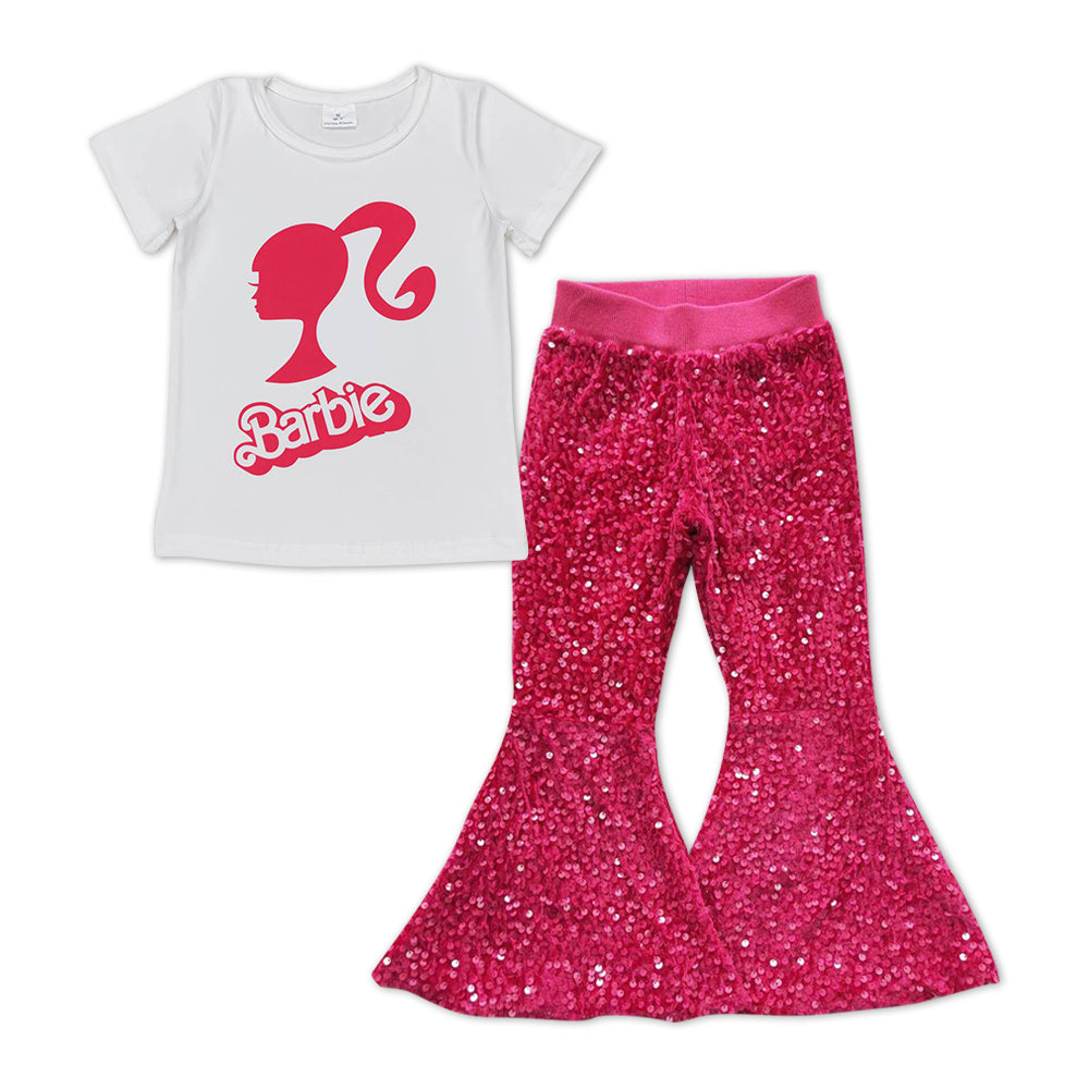 Pink Cartoon Print Shirt Hot Pink Sequin Bell Pants