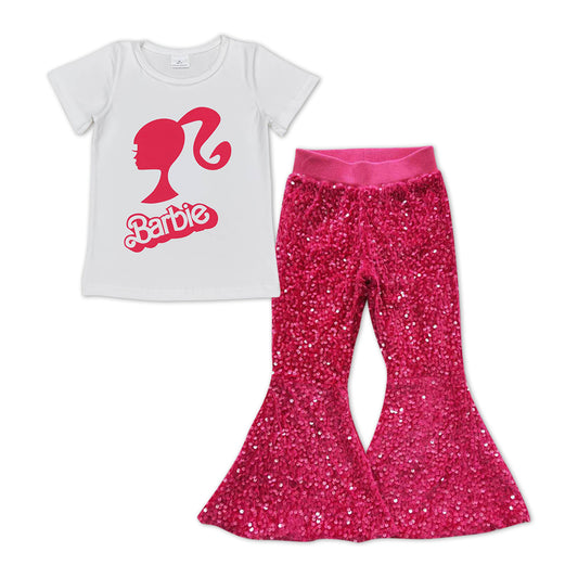 Pink Cartoon Print Shirt Hot Pink Sequin Bell Pants