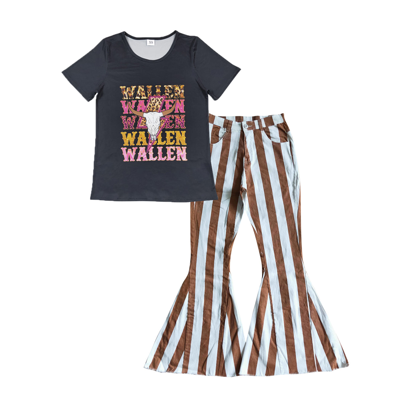 Adult Western Black Short Shirt +brown Stripe Bell-bottom jeans