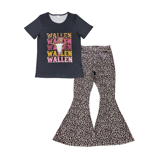 Adult Western Black Short Shirt + Leopard Bell-bottom jeans