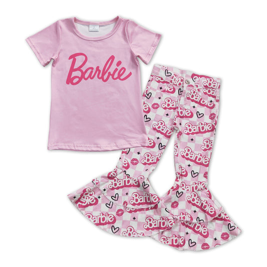 Pink Letter Shirt + Light Pink Bell Pants Jeans