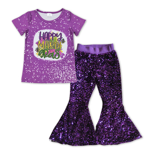 Happy Mardi Gras Shirt Purple Sequin Pants Jeans