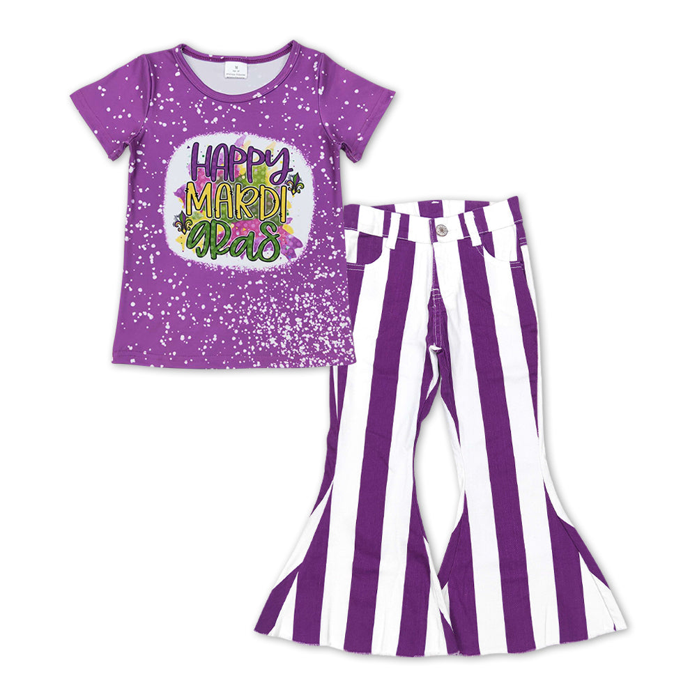 Happy Mardi Gras Shirt Purple Stripe Pants Jeans