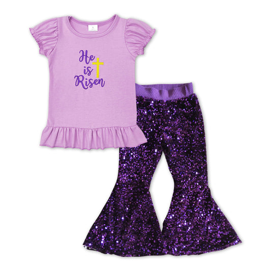 Easter He is Risen Shirt Purple Sequin Pants Jeans