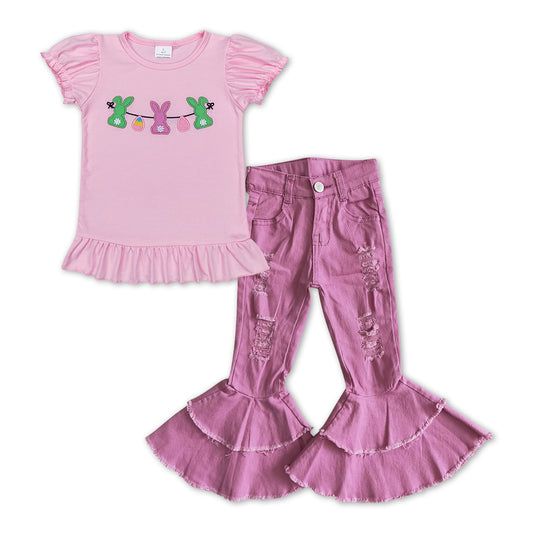 Easter Embroidery Pink Bunny Short Shirt Pink Jeans