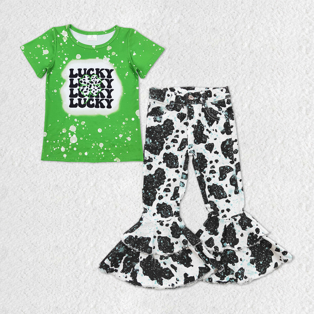 patrick Day Lucky Cow Print Short Sleeve Shirt Cow Jeans