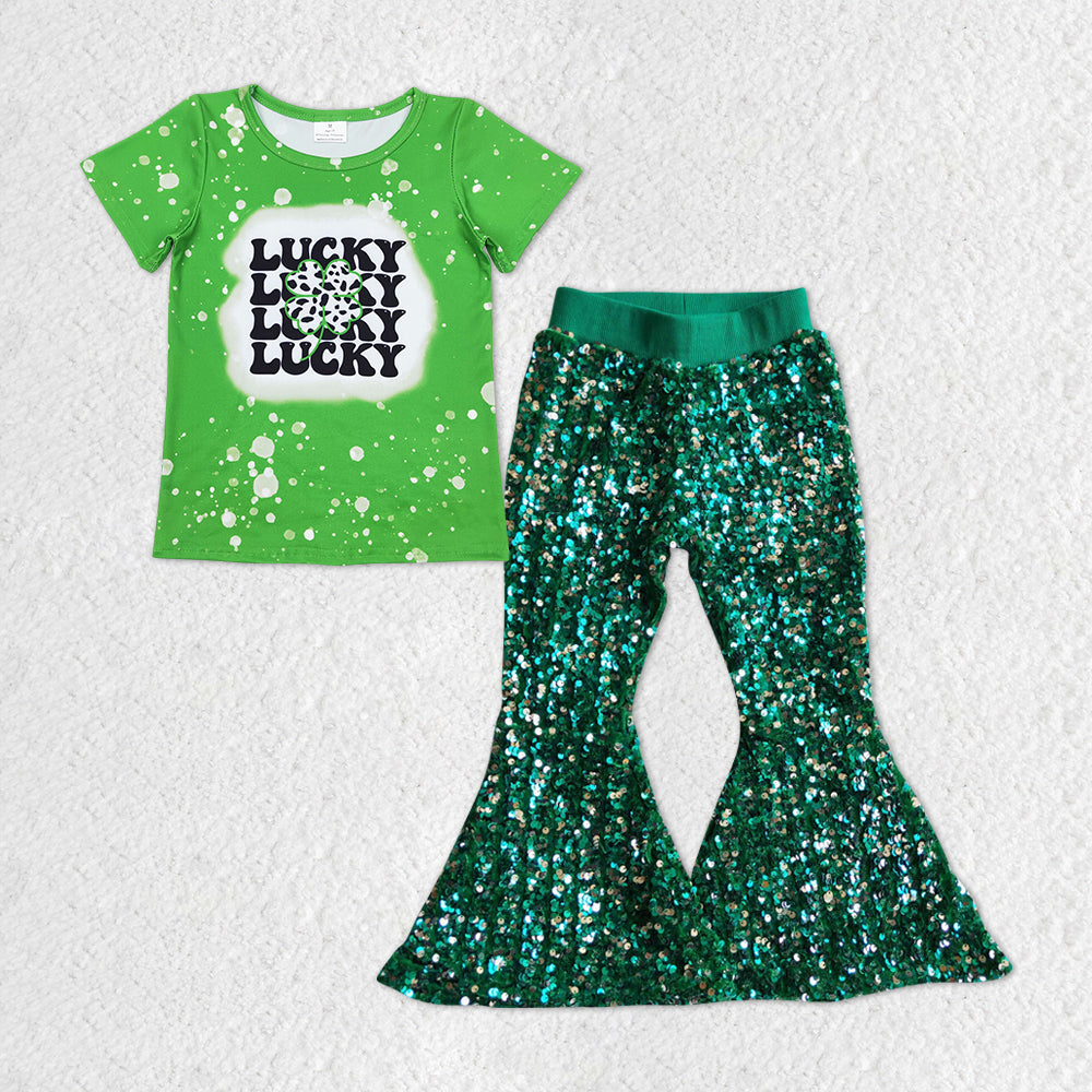 patrick Day Lucky Cow Print Short Sleeve Shirt Green Sequin Pants Jeans