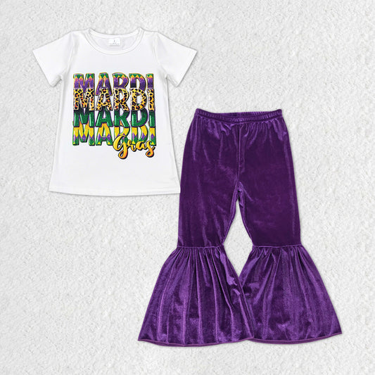 Happy Mardi Gras Purple Print Short Shirt Purple Velvet Bell Pants Jeans