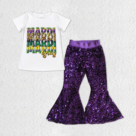 Happy Mardi Gras Purple Print Short Shirt Purple sequin Bell Pants Jeans