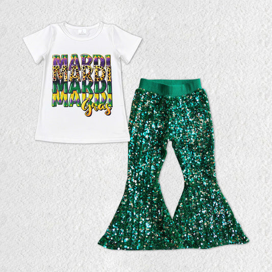 Happy Mardi Gras Purple Print Short Shirt Gold sequin Bell Pants Jeans