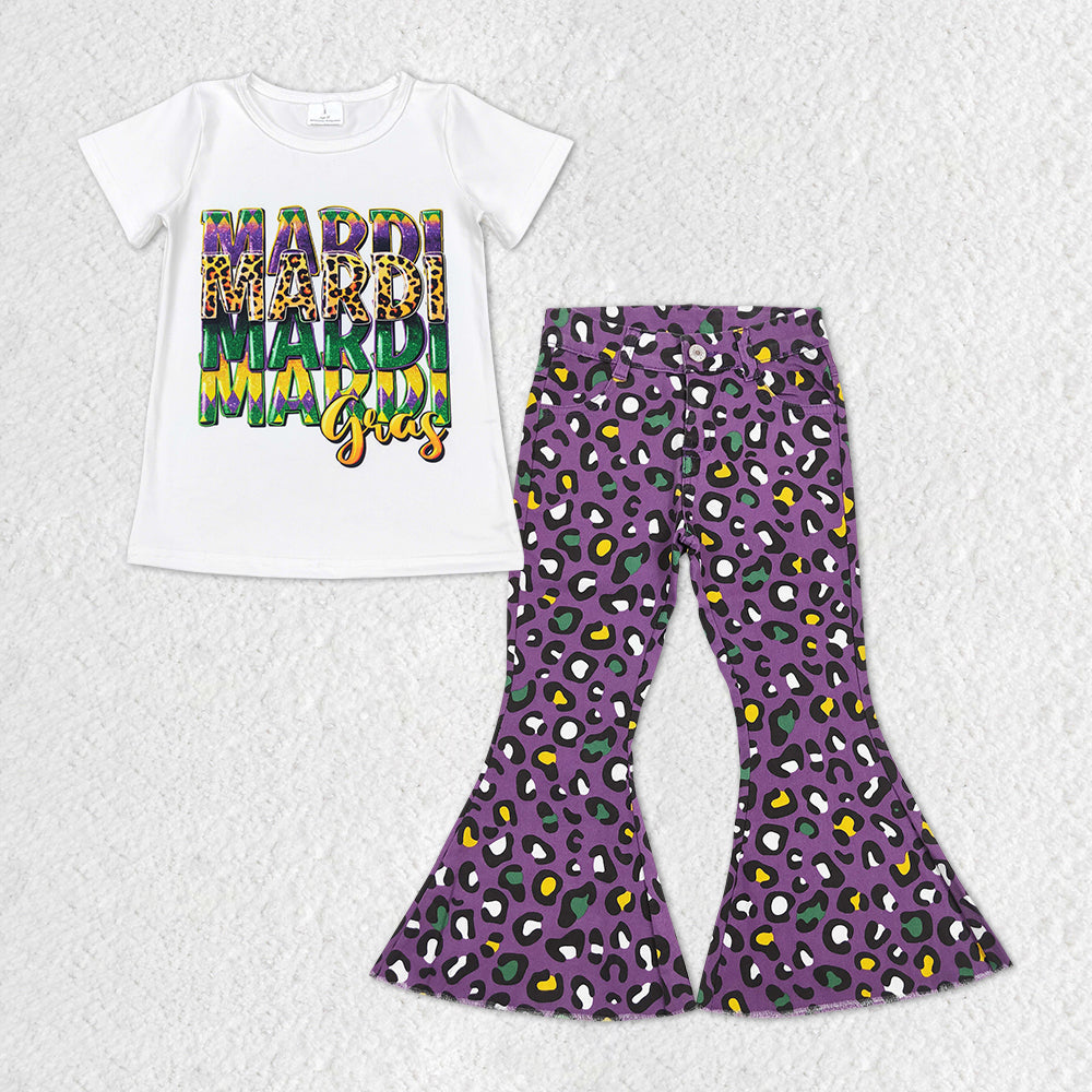 Happy Mardi Gras Purple Print Short Shirt Purple Leopard  Bell Pants Jeans