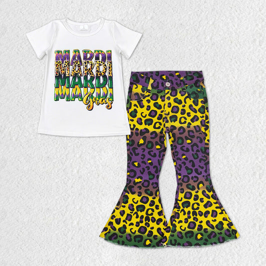 Happy Mardi Gras Purple Print Short Shirt Purple Yellow Leopard  Bell Pants Jeans