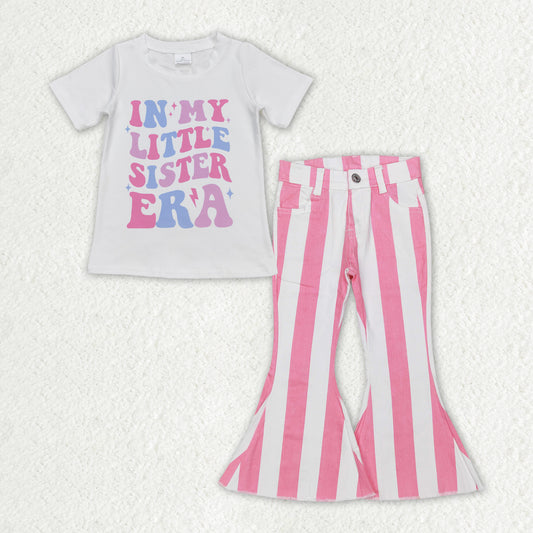 white Letter Shirt + Pink Stripe Bell Pants Jeans GSPO1595