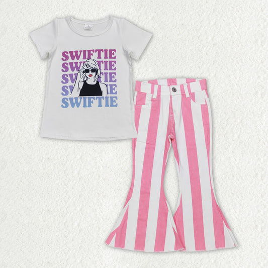 white Letter Shirt + Pink Stripe Bell Pants Jeans GSPO1597