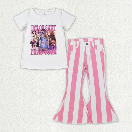 white cartoon Shirt + Pink Stripe Bell Pants Jeans GSPO1598