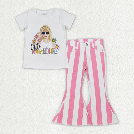white flower cartoon Shirt + Pink Stripe Bell Pants Jeans GSPO1599