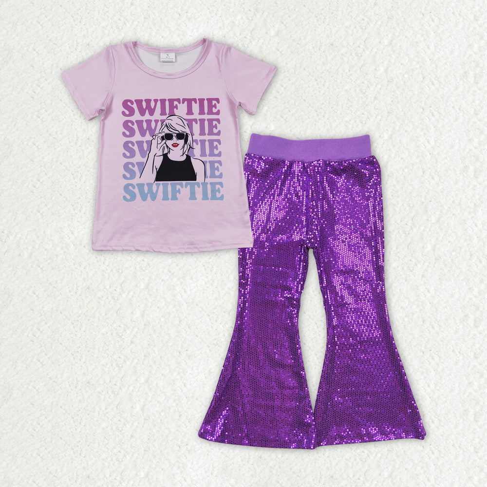 purple Cartoon short sleeve sequin Girls set