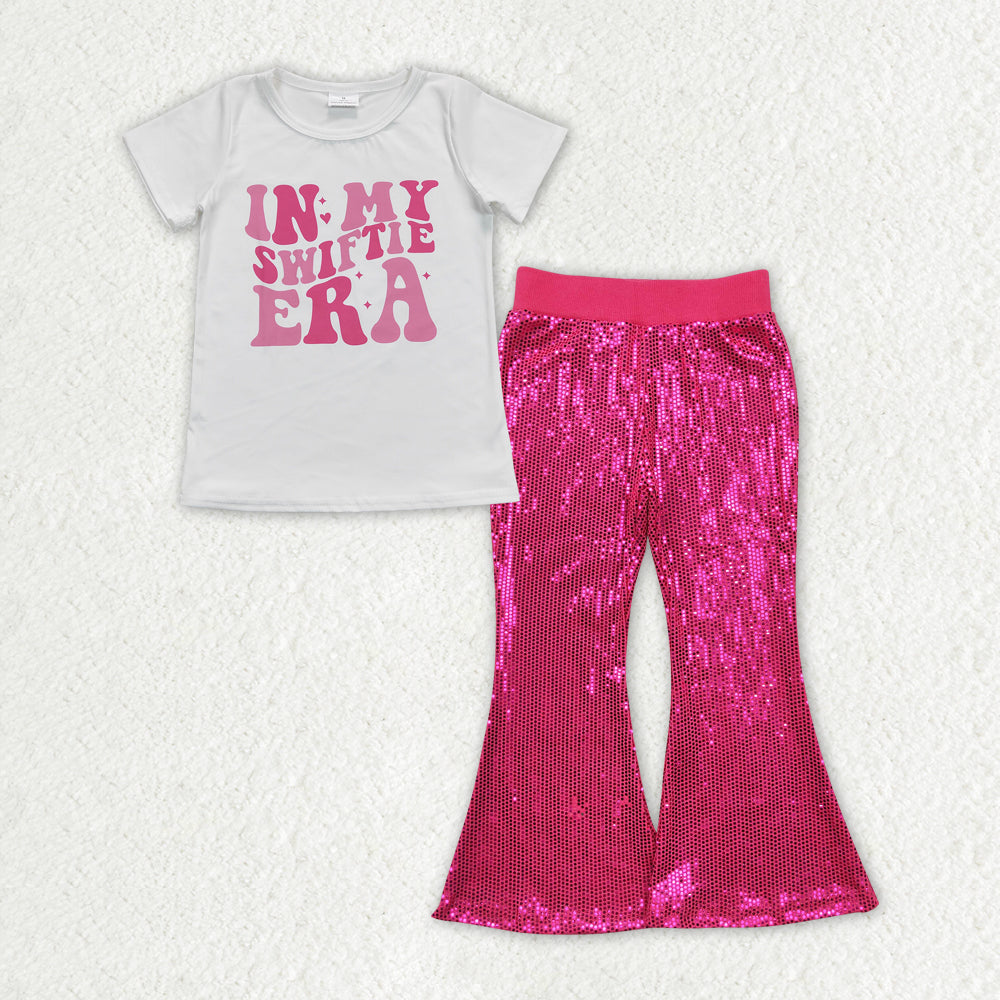 Pink Letter Cartoon short sleeve sequin Girls set