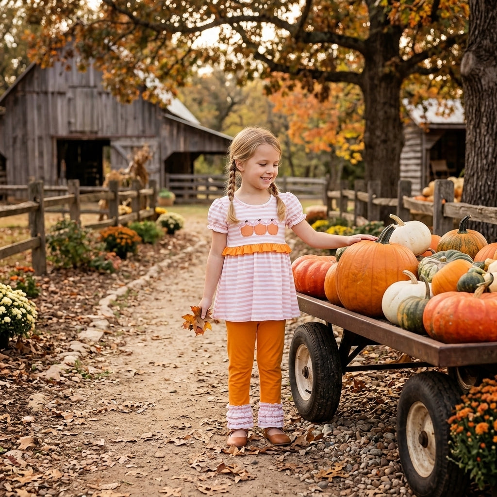 GSPO2337 Embroidery Fall Pumpkin Bows Stripe Pink Girls Set