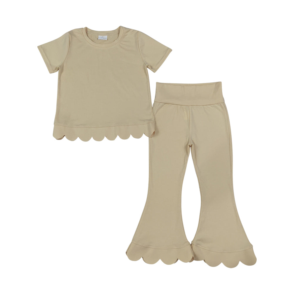 Khaki scalloped edges Short Sleeve Girls Set GSPO2340