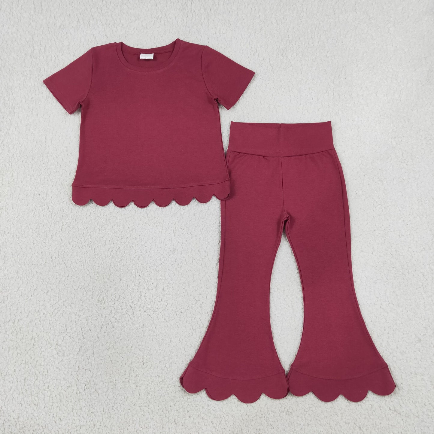 GSPO2341 Solid Color Dark Red Scallop Edge Girls Set
