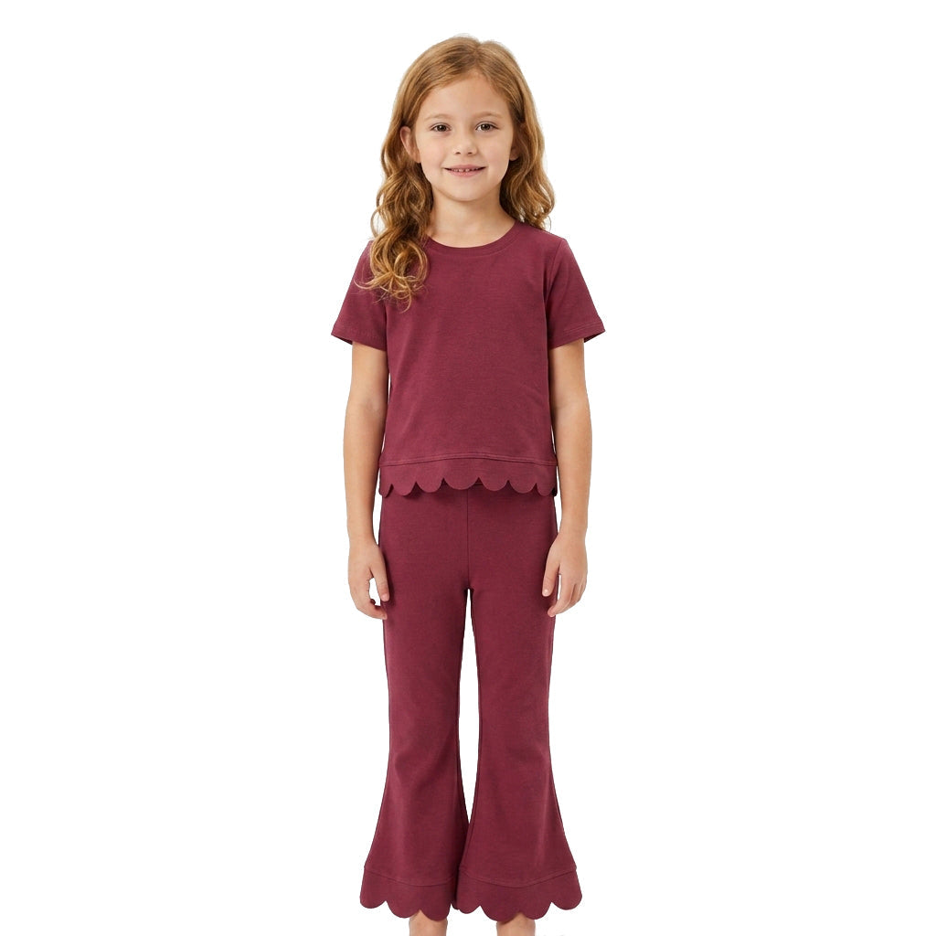 GSPO2341 Solid Color Dark Red Scallop Edge Girls Set
