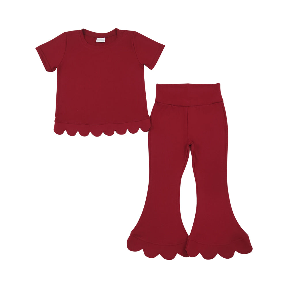 dark Red scalloped edges Short Sleeve Girls Set GSPO2344