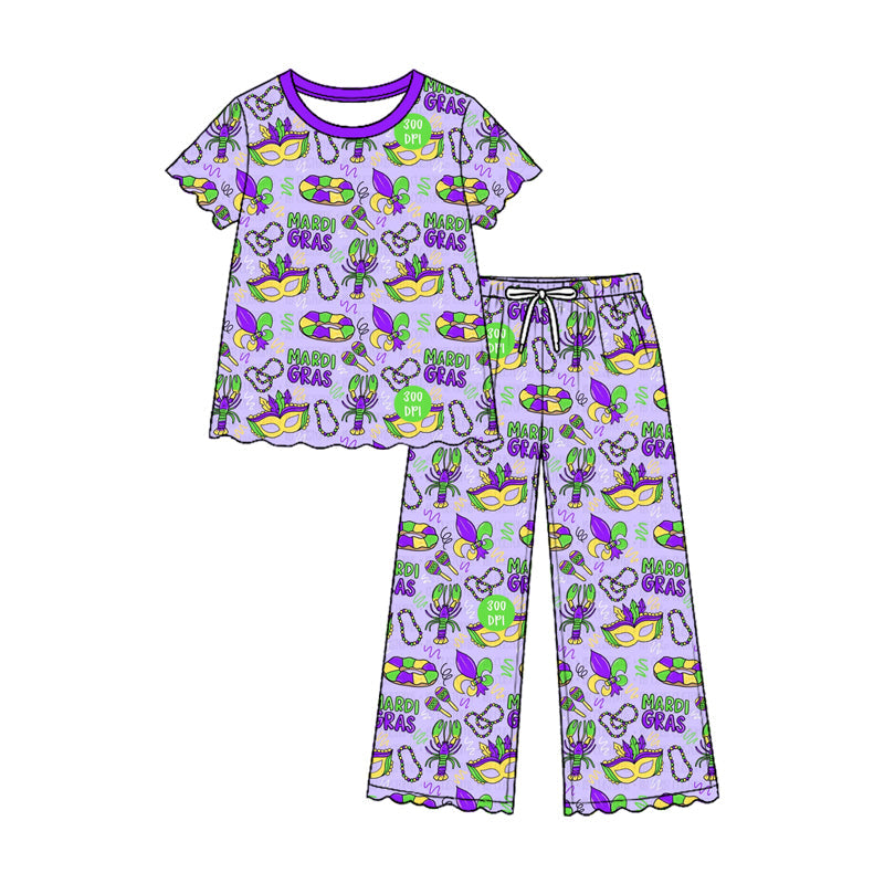 Preorder MOQ 5 pcs GSPO2373 Mardi Gras Scallop Edge Purple Girls Set