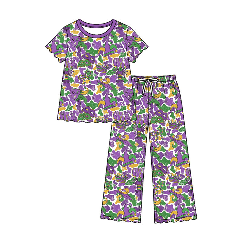 Preorder MOQ 5 pcs GSPO2374 Mardi Gras Scallop Edge Camo Purple Girls Set