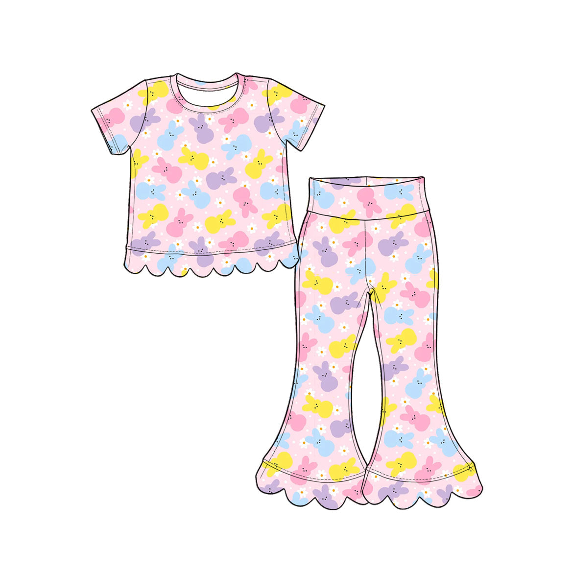 Preorder MOQ 5 pcs GSPO2377 Easter Bunny Flower Scallop Edge Girls Set