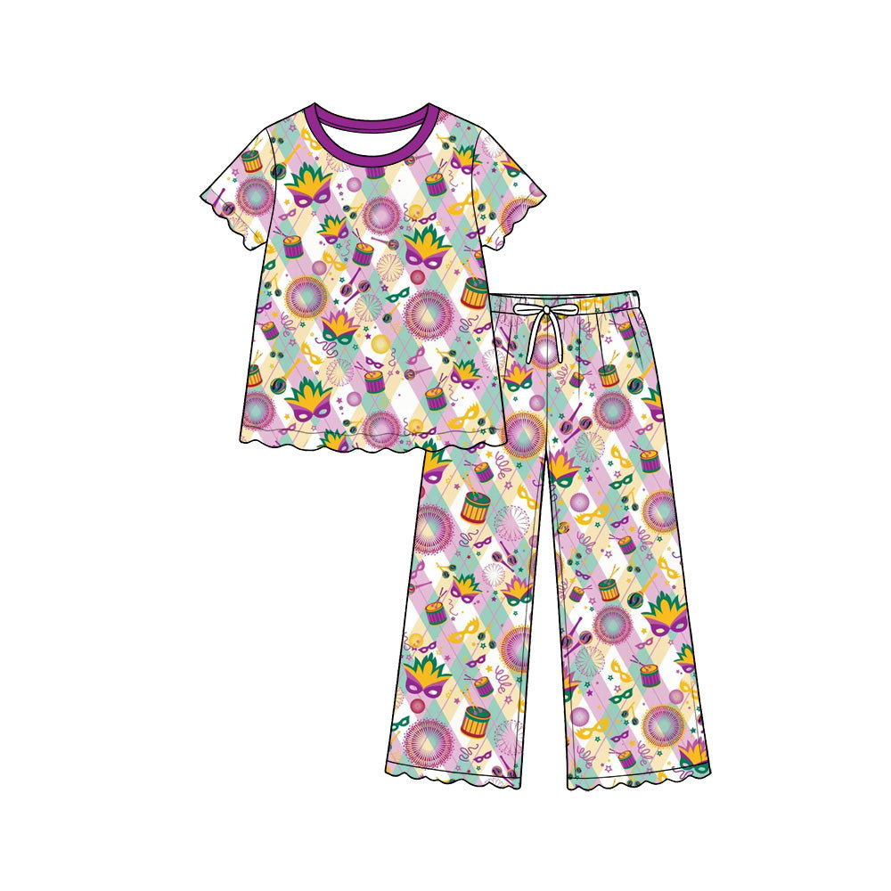 Preorder MOQ 5 pcs GSPO2396 Mardi Gras Mask Plaid Scallop Edge Girls Set