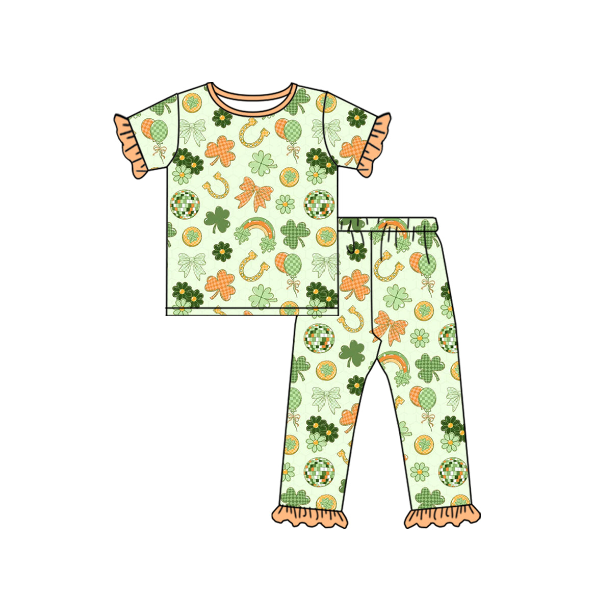Preorder MOQ 5 pcs Each Style Saint Patrick Leaves Rainbows Orange Ruffles Kids Matching Clothes