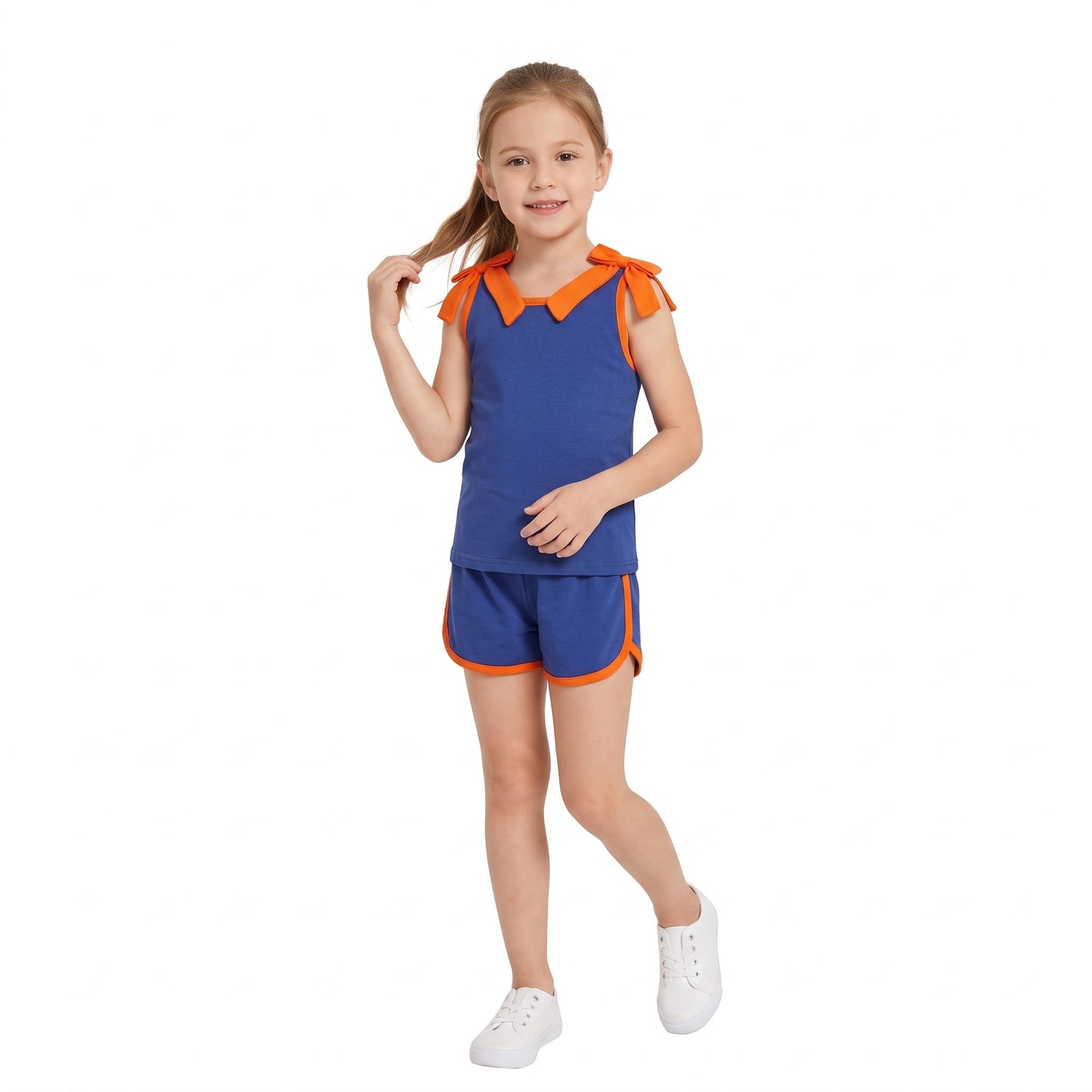 GSSO3857 Solid Color Blue Orange Color Bows Girls Shorts Set