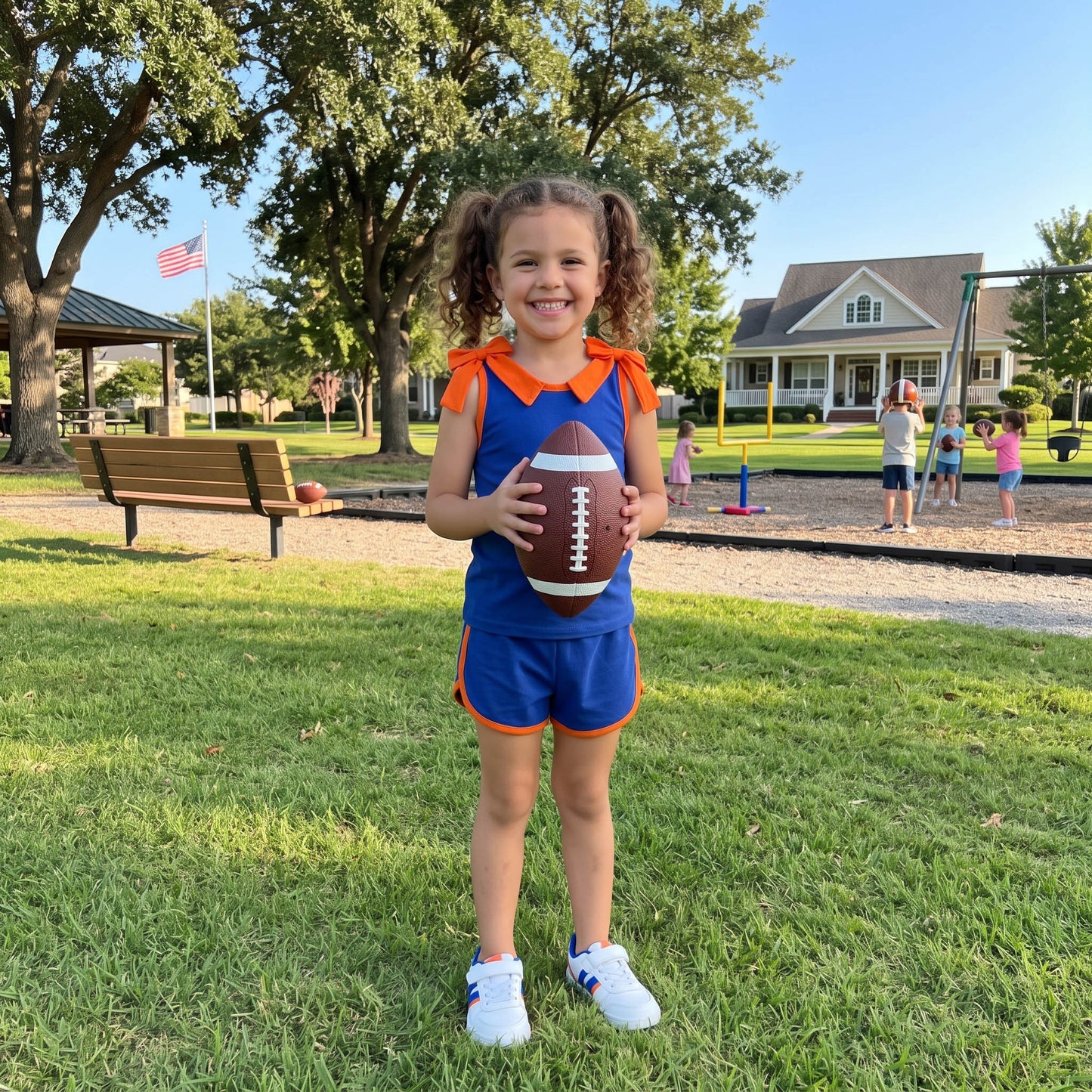GSSO3857 Solid Color Blue Orange Color Bows Girls Shorts Set