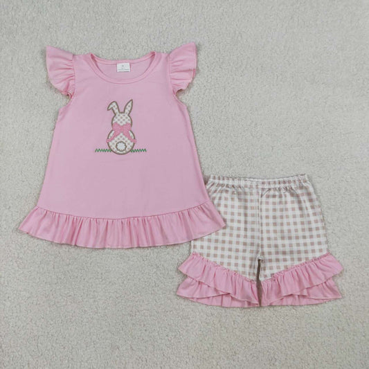 Easter embroidery rabitt pink Flutter Sleeve Girls Set GSSO0374