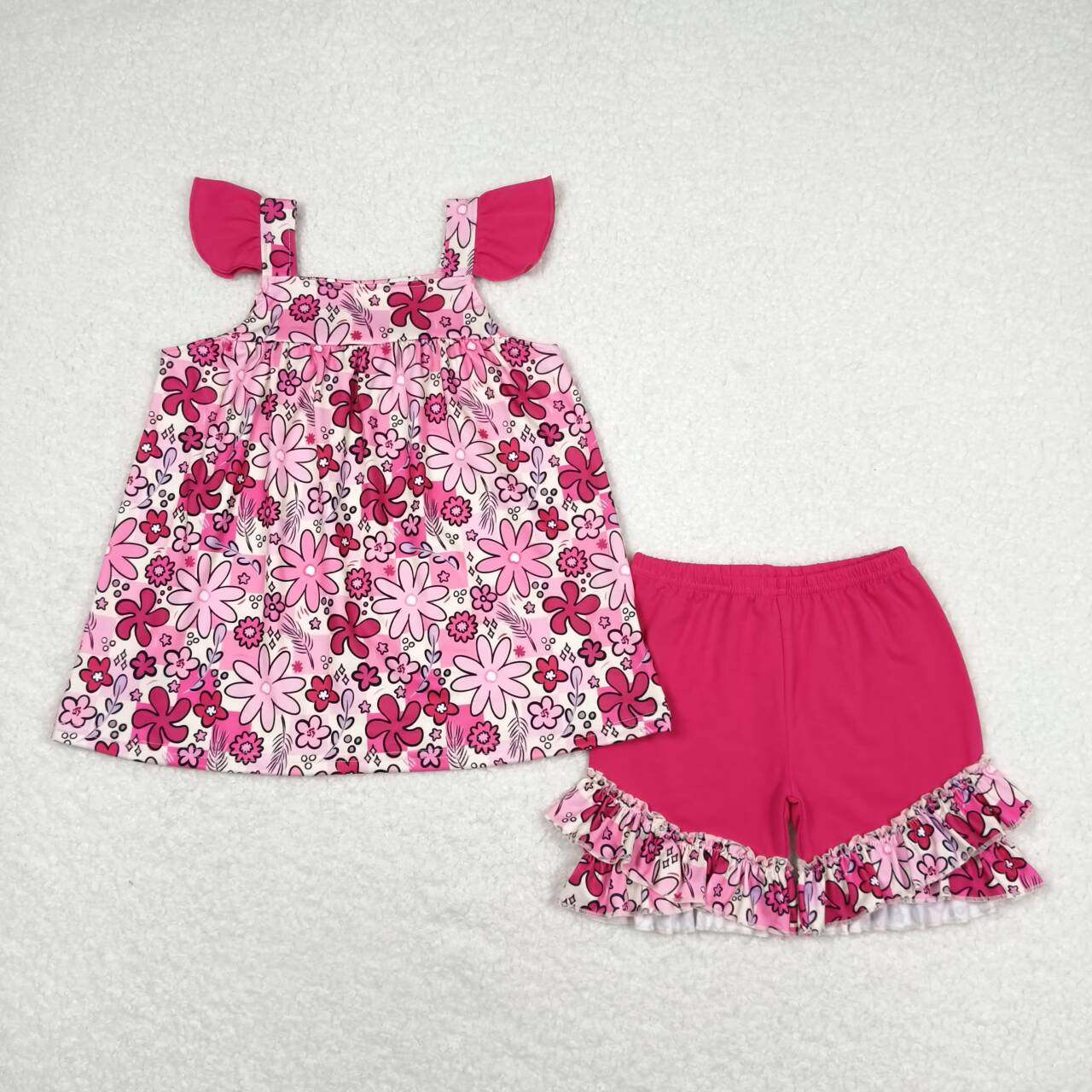 hot pink flower print short sleeve Girls Set