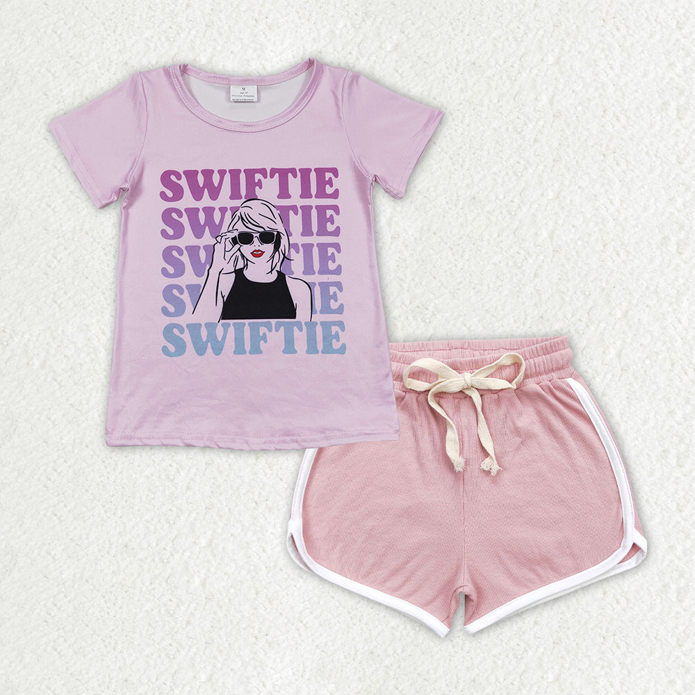 purple letter shirt pink short Girls set GSSO1314