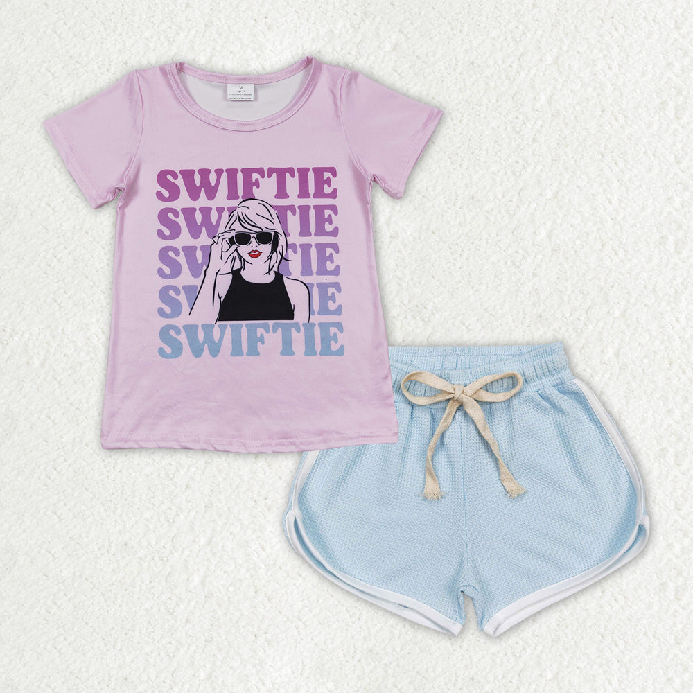 purple letter shirt Blue short Girls set GSSO1315